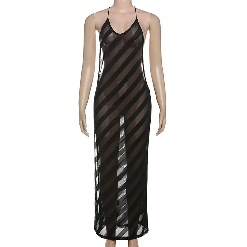 Mesh See Through Sexy Halter Party Club Maxi Split Dress Outfits Women Summer Sleeveless Backless Bodycon Long Dresses Vestido