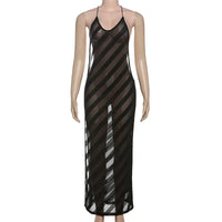 Mesh See Through Sexy Halter Party Club Maxi Split Dress Outfits Women Summer Sleeveless Backless Bodycon Long Dresses Vestido