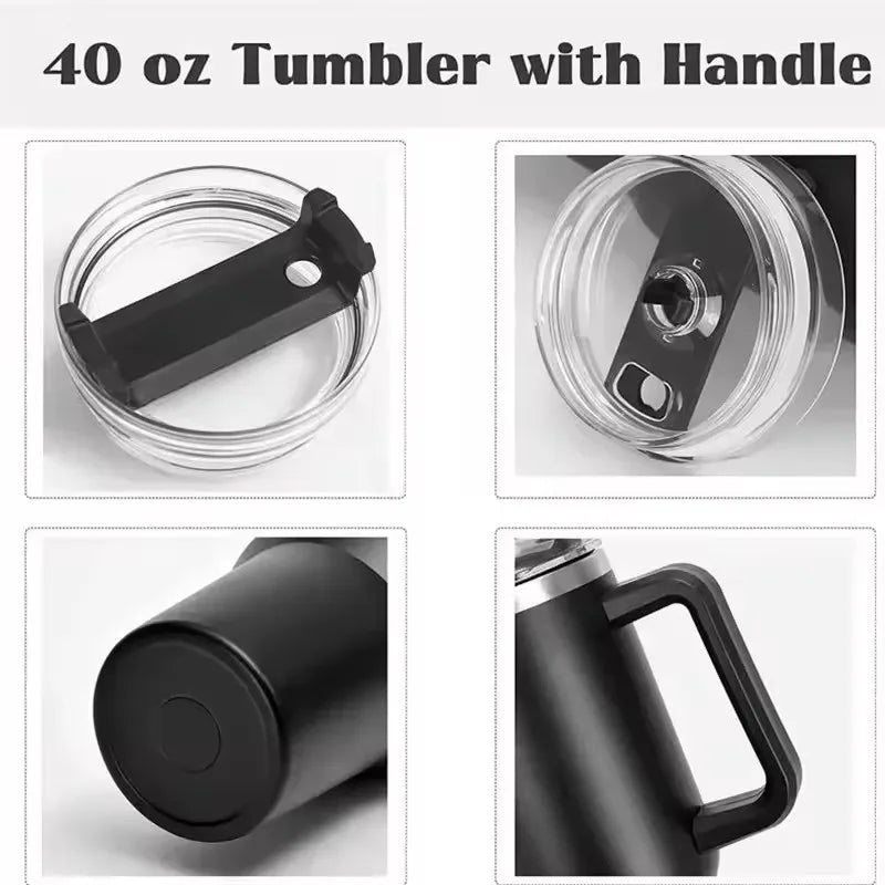 40oz 304 stainless steel vacuum insulated water cup with handle, straw cover, car portable sports travel cup leak proof design