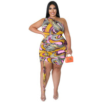 Multicolored Stripes Printing Dress Woman Sexy Hollow Out One Shoulder Sleeveless Drawstring Party Bodycon Dress Summer