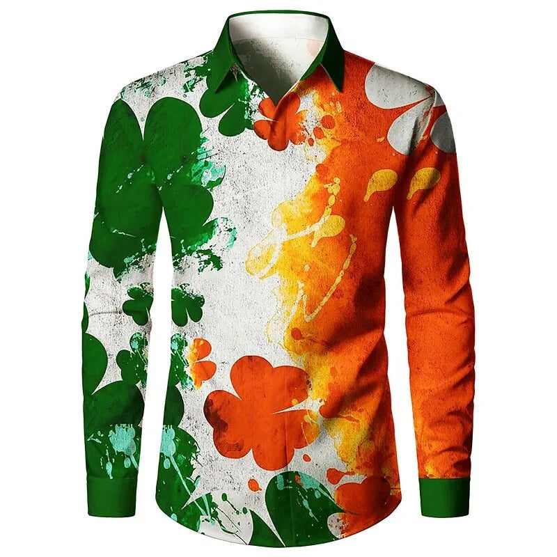 New men's clown pattern 3D printed shirt with clover high-quality fashion casual long sleeved shirt and lapel top