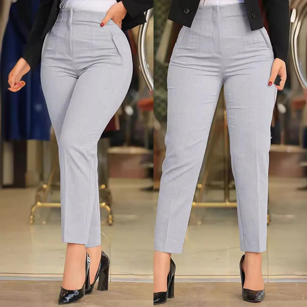 Women Pants High Waist Solid Pockets Pencil Pants Ankle Length Slim Fit Office Lady Zipper Flat Summer 2024 Slight Strech