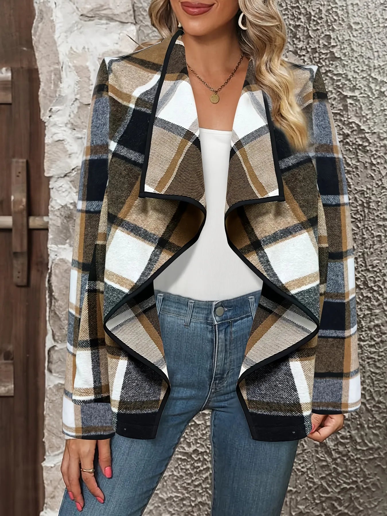 Finjani Women's Blazer Jacket Plaid Print Open Front Coat Long Sleeve Outerwear, Women's Clothing Autumn & Winter