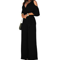 2023 Spring And Autumn Women Jumpsuit Hollowed Out Strapless Solid Color Women Jumpsuit V-neck High Waist Belt Wide-leg Pant