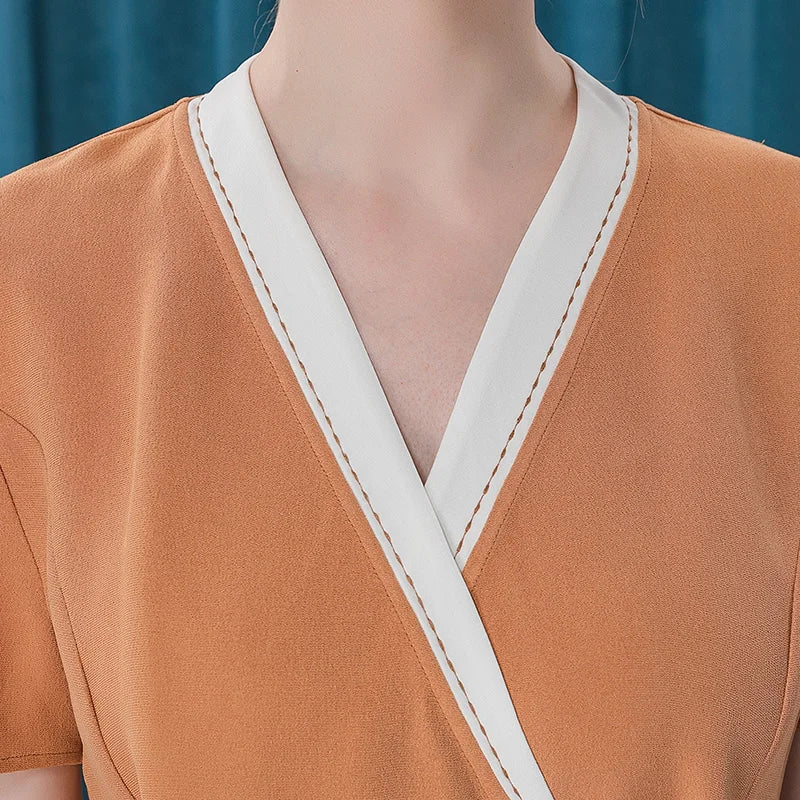 41 Momme Silk Colorblock V-neck Sweet Pink Slim Summer Dress Bright Line Decoration Office Short Sleeve Midi Dresses A028