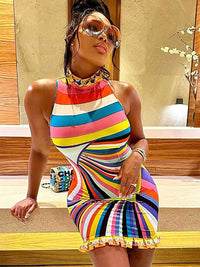 Sexy Colorful Print Bodycon Dress Women Sexy Sleeveless Laciness Patchwork Slim Mini Dresses Spring Aesthetic Party Clothes