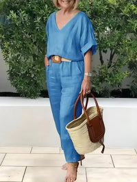 2024 Women's Fashion Casual Summer Multi-Color V-Neck Loose Cotton And Linen Suit New In Matching Sets For Women 2 Pieces