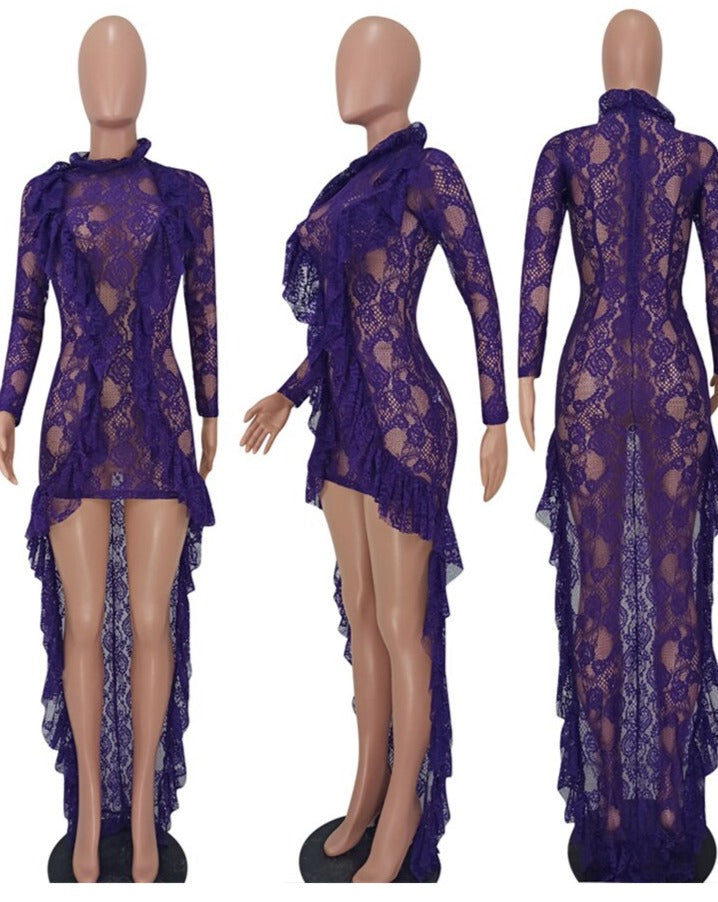 2023 Sexy Floral Lace Sheer Cocktail Evening Dresses for Women Ruffles Hem Bodycon Maxi Dress