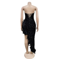 Black Summer Women Strapless Sleeveless Bodycon Sexy Glam Sequins Dress Feather Irregular Bling Long Night Club Party Dresses