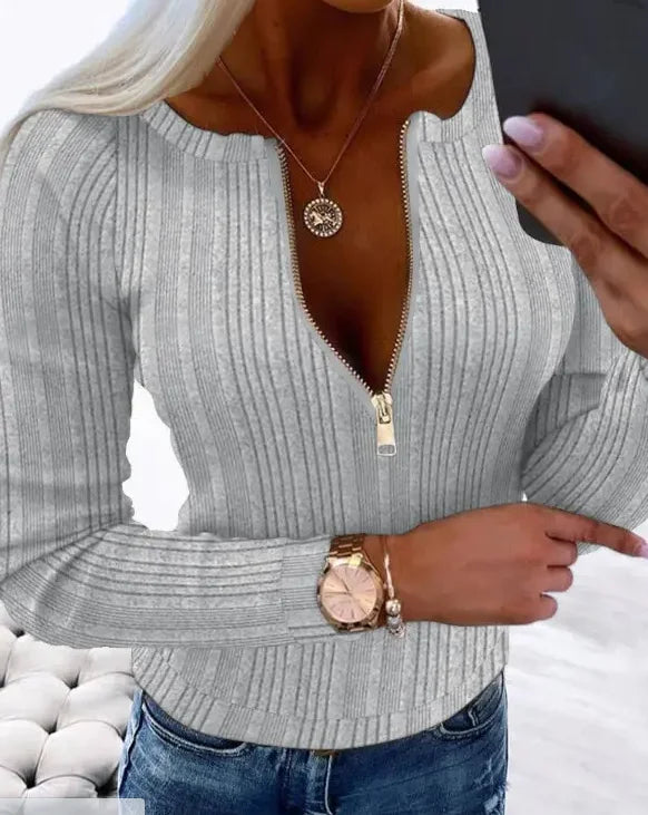 Women's Zip-Up Long Sleeve Blouse - Chic Zipper Front, Semi-Sheer Elegant Tops for Casual Formal Outfits, Easy-Care Machine Wash