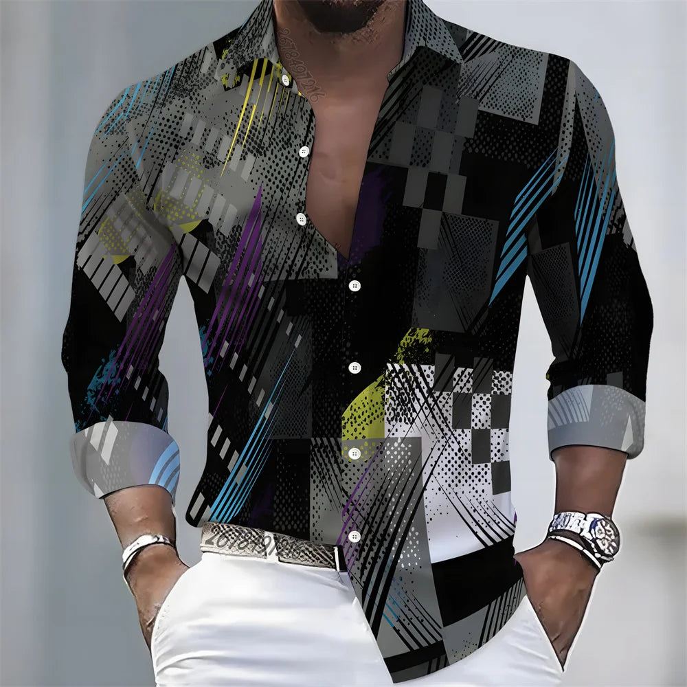 2026 Spring/Autumn New Men's Light Luxury Baroque Style Long-Sleeved Shirt with Color-Blocked Geometric Print Lapel Cardigan