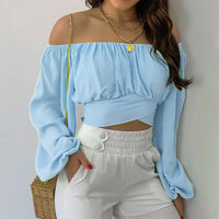 Women Sexy Off Shoulder Blouse Chic and Elegant Printing Lantern Long Sleeve Lace Up Bow Cropped Tops Casual Slim Shirts 2024