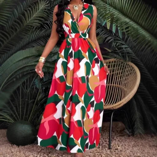 Women's Dress New Summer Sexy Fashion V-neck Top Lace-Up Printed Pleated Waist Sleeveless Slim Fit Boho Maxi Dresses For Women