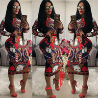 Women Spring Summer Sexy Print Bodycon Dress Long Sleeve Knee-length Casual Vintage Dress Elegant Slim Midi Party Dress Vestidos