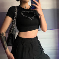 Rhinestone Y2k Sexy Punk Vintage Goth Black T Shirt Summer Clothes For Women Fashion Crop Top O-neck Short Sleeve Tee Streetwear