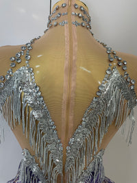 Stock 2025 Women Sexy Stretch Mesh Sparkly Rhinestone Tassels Mini Dress Nightclub Singer Dance Stage Costume Evening Gowns