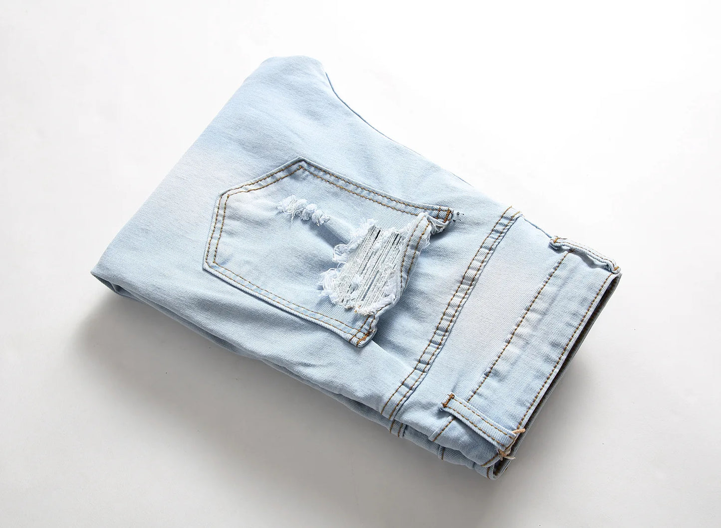 European and American Men's Casual Jeans with Embroidered Roses, Fashionable Ripped, Slim-fit, Stretch, Ankle-length Trousers