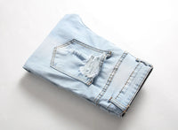 European and American Men's Casual Jeans with Embroidered Roses, Fashionable Ripped, Slim-fit, Stretch, Ankle-length Trousers