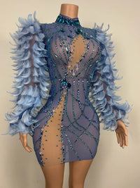 Sparkly Rhinestones Feather Sleeves Evening Prom Celebrate Birthday Dress for Women Photography Wear Sexy Singer Show Stage Wear