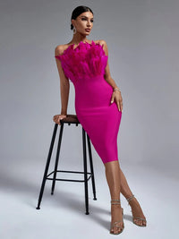 Pink Bandage Dress Women Feather Party Dress Bodycon Elegant Midi Sexy Strapless Evening Birthday Club Outfits Summer 2023