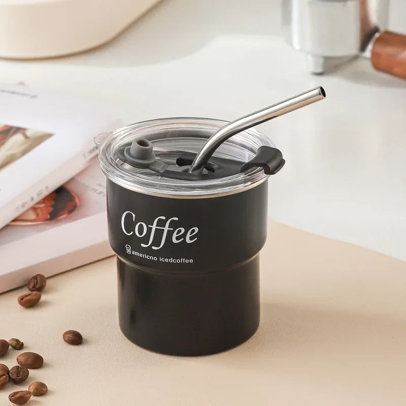 Stainless Steel Insulated Cup Beer Mug with Lid 300ml Reusable Water Bottle Multifunction Coffee Cup with Straws for Camping