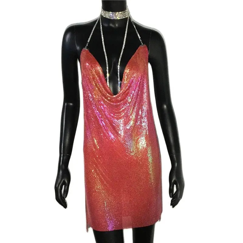 AKYZO Sexy Gold Sequined Patchwork Mini Dress Women Sleeveless Low Cut Mega Mart Center AKYZO Sexy Gold Sequined Patchwork Mini Dress Women Sleeveless Low Cut Mega Mart Center