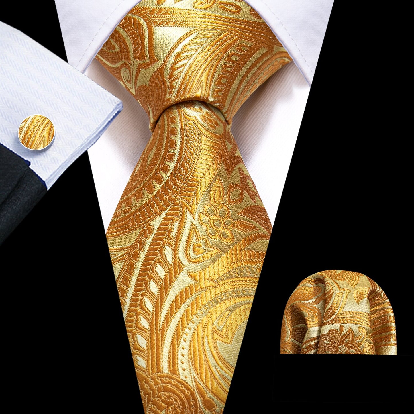 Retro Orange Floral Men Tie Set Silk Jacquard Necktie Wedding Business Handkerchief Cufflinks Tie Barry.Wang Designer FA-5346