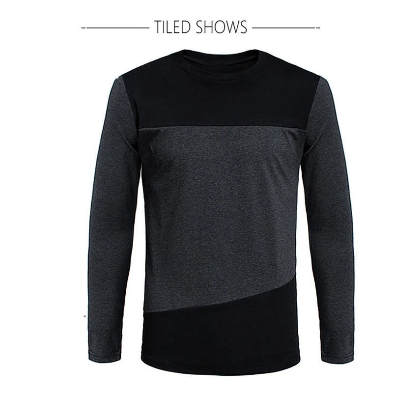 BROWON Autumn Korean Men T Shirt Vintage Style Patchwork Black&Gray O-Neck Long Tshirt Men Clothing 2023 Plus Size M-5XL