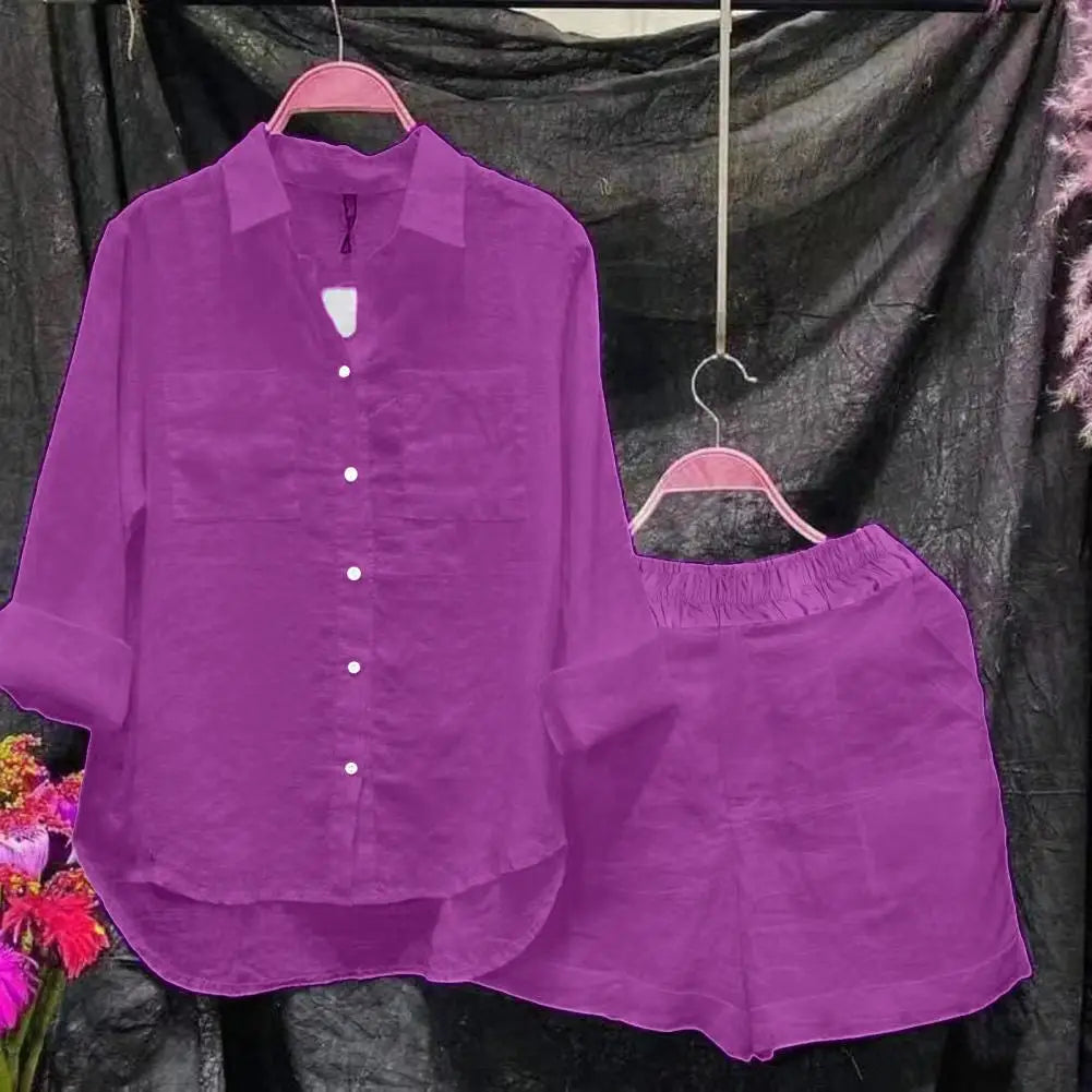 2025 Women Shirt Shorts Set Loose Irregular Hem Lapel Long Sleeves Shirt Top Elastic Waist Wide Leg Shorts Female Summer Outfit
