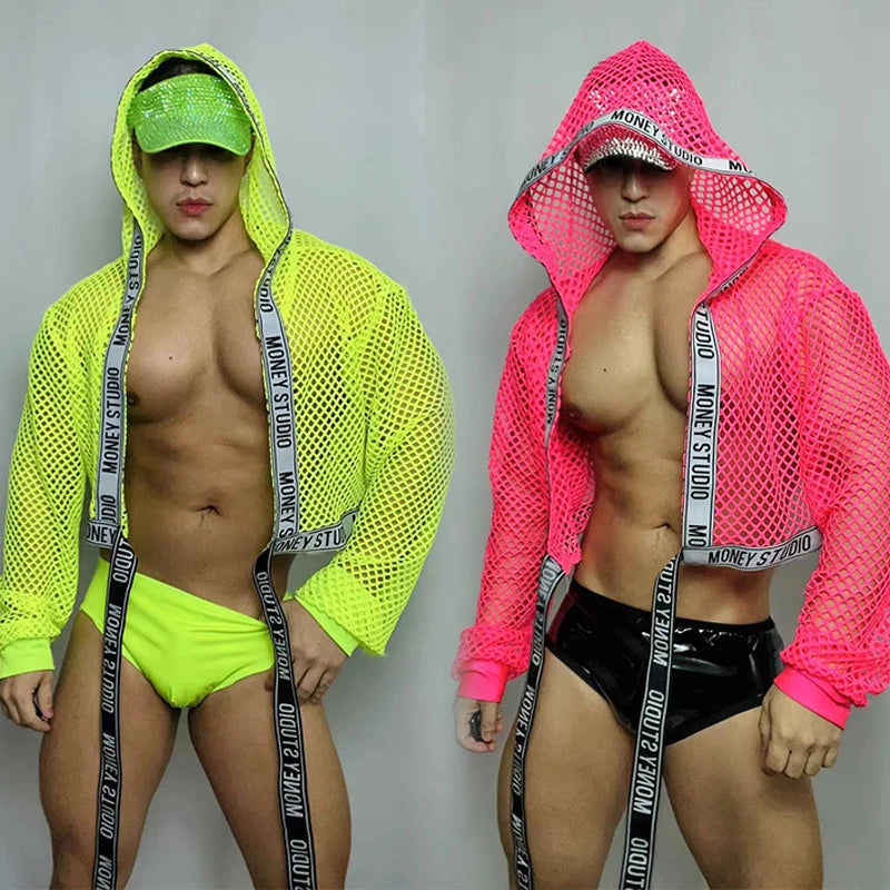 Male Fluorescence Colors Pole Dance Costume Nightclub Dj Ds Rave Outfit Sexy Net Coat Shorts Gogo Dancer Stage Suit VDB6277