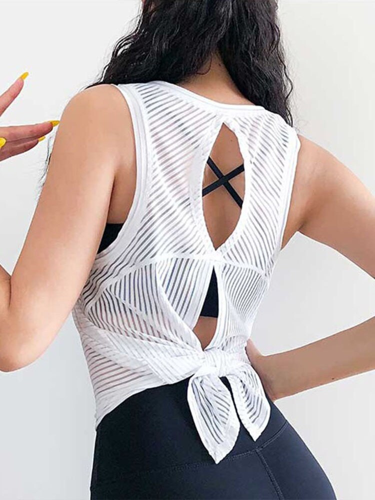 Women Workout Tank Top Sexy Open Black T-shirt Striped Crewneck Loose Tank Top Summer Streetwear Backless Translucent Vest