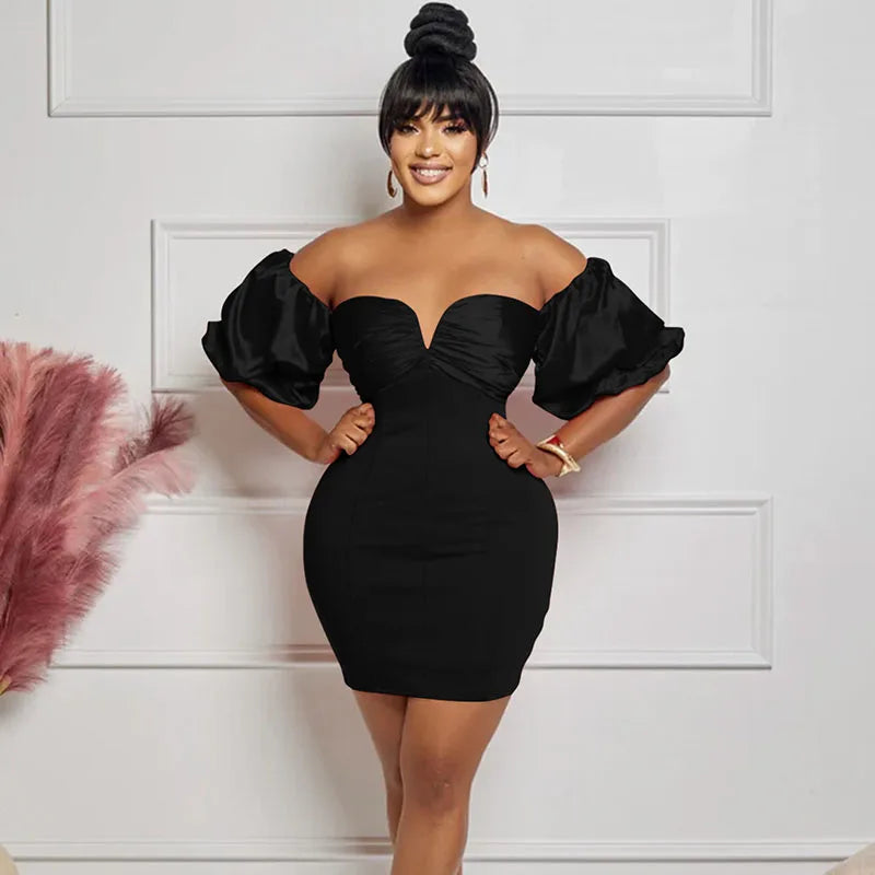 Women's Elegant Backless Puff Sleeve Ruched Bodycon Mini Dress Sexy Off the Shoulder Strapless Birthday Night Club Party