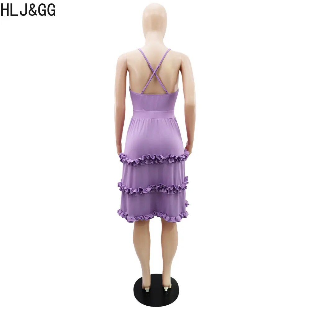 HLJ&GG Summer Solid Color Ruffles Elegant Dresses Women Halter Off Shoulder Aline Knee Dress Fashion Female Party Club Clothing