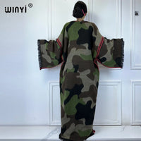 WINYI camouflage colour African women winter kimono long sleeve OverCoat abaya dubai luxury Open Front Long Cardigan party dress