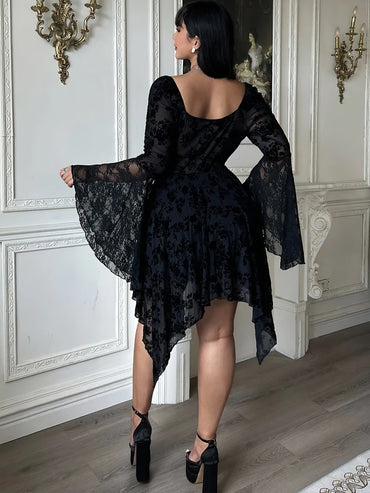 Hot seller Halloween Plus Size Ruffled Trumpet Sleeves Elastic Drawstring Women Short Skirt Gothic Floral Lace Square Neck Dress