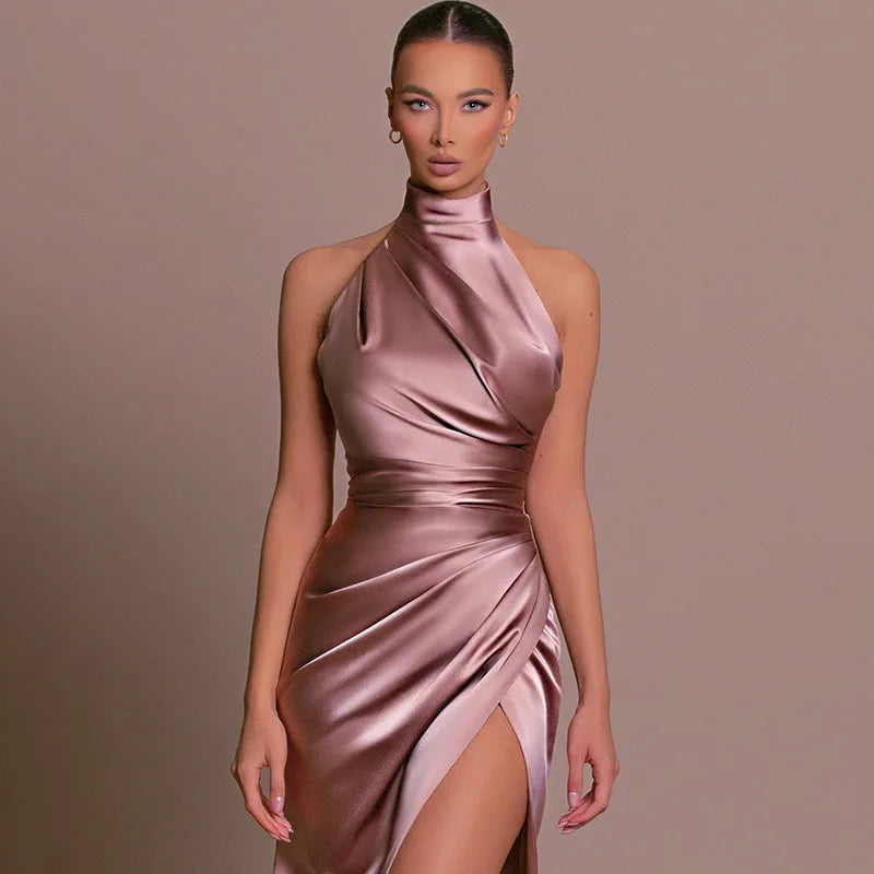 Satin Halter Pink Dress Evening Prom Party Dresses 2023 Women Luxury Bodycon Club Elegant Lady Maxi Sexy Pleated Slit Dress