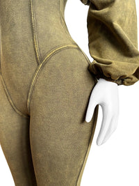 Weird Puss Washed Distressed Jumpsuit Women Ribbed V-Neck Solid SKinny Long Sleeve Fall Casual Trend Simple Activity Streetwear