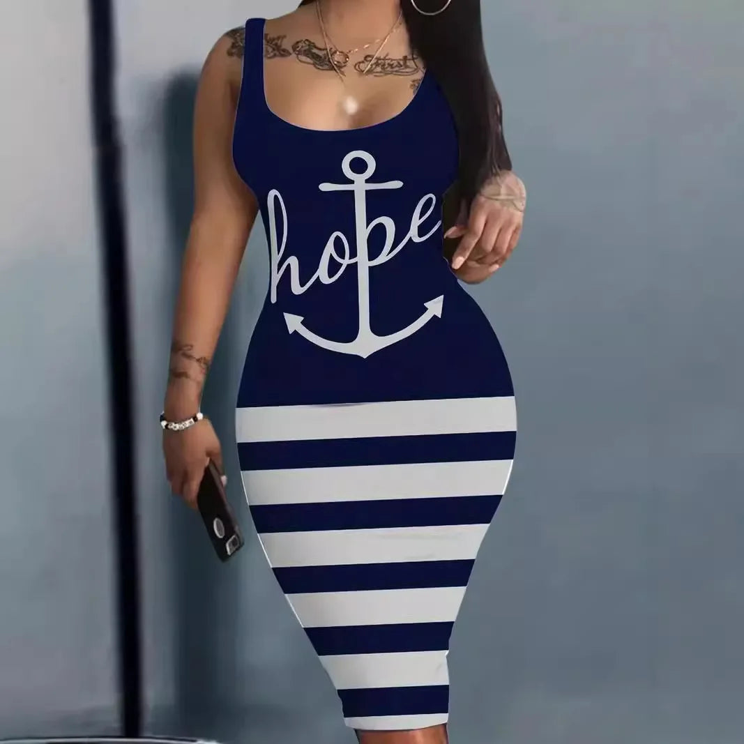 Summer positioning alphabet print; European and American hot style women's clothing; sexy round neck sleeveless vest dress