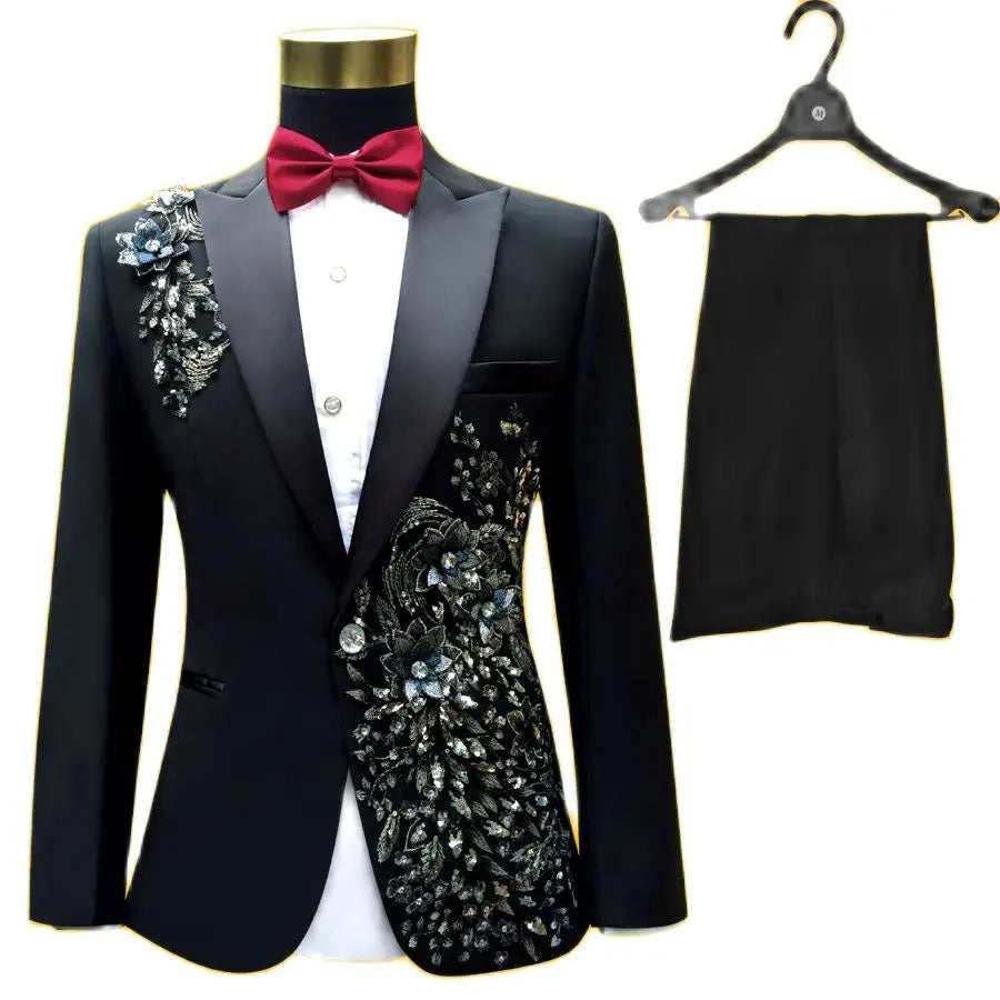 New Embroidered Tuxedos Men, Black Wedding Groom Suit, Male Singer Performance, Party Blazer, Prom Costume, Fashion Paillette
