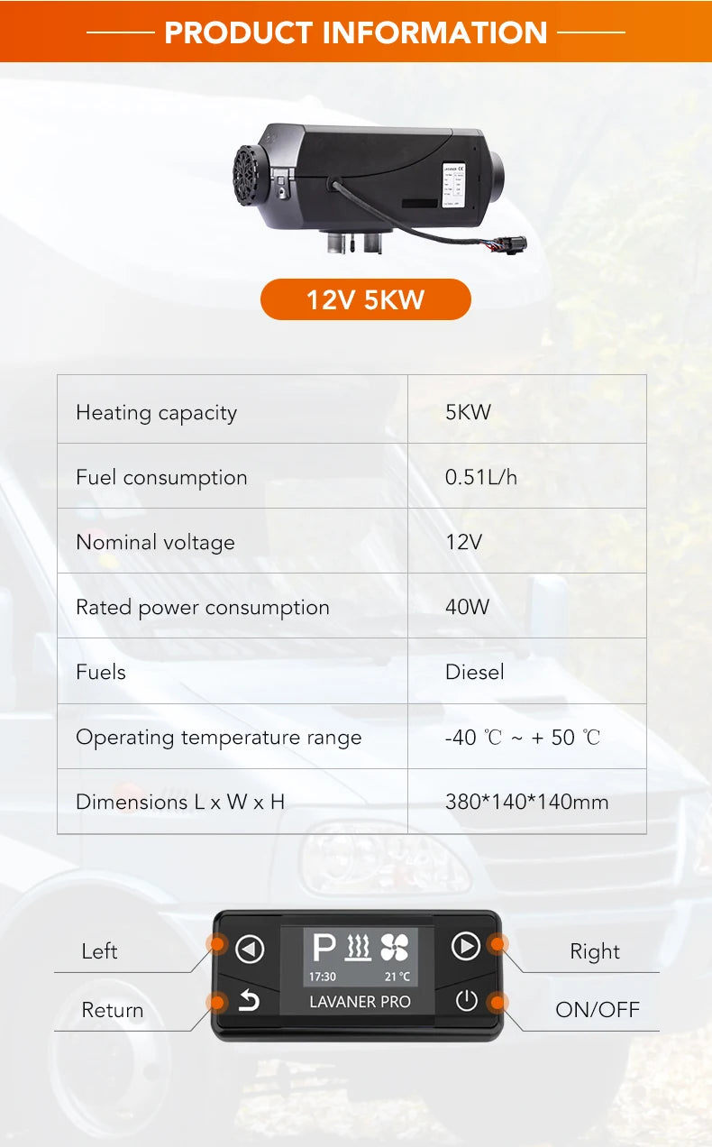 LAVANER Pro Max Alpine Water-Resistant Brushless Motor Diesel 12V 5KW (Below 18044 Feet) Air Heater for Trucks Campers Trailers