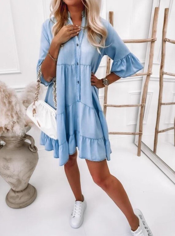 Sexy Women&#39;s Denim Dress Summer Short Sleeve Lapel Single Breasted Solid Color