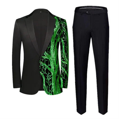 Red Sequin Blazer & Pants Set , Men's Shiny Party Outfit Suits for Weddings, Concerts & Festive Celebrations