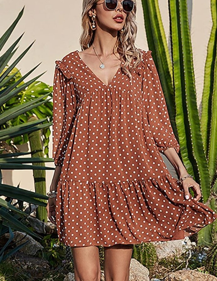 Aachoae Sexy Women Casual Loose Polka Dot Dress V Neck Pleated Chiffon Dress