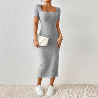 Women Short Sleeve Dress Soft Knitted Elegant Bodyon Dress Casual Skinny Slim Fit Pullover Commuting Midi Dress