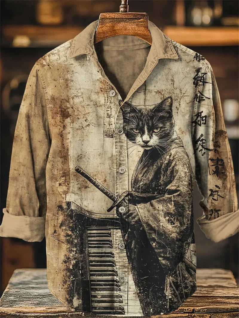 New Vintage Men's Linen Shirt Long Sleeve Chic Top Kitten Pattern Holiday Lapel Collar 3D Wave Printed Shirt Top