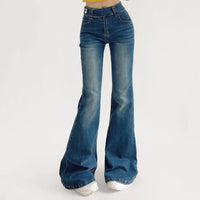 High-Waist Flared Bell-Bottom Jeans for Women — Retro Slim Fit Stretch Denim with Side Button Accent