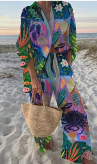 Boho Beach Holiday Print Shirt And Pants Two Pieces Sets Women Csaual Loose Long Sleeve Button Shirts Outfits Summer Pants Sets