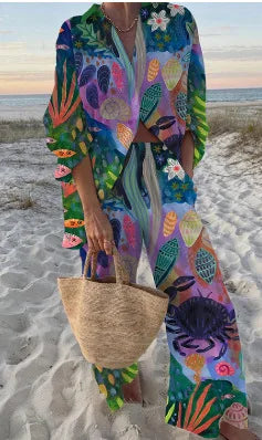 Boho Beach Holiday Print Shirt And Pants Two Pieces Sets Women Csaual Loose Long Sleeve Button Shirts Outfits Summer Pants Sets