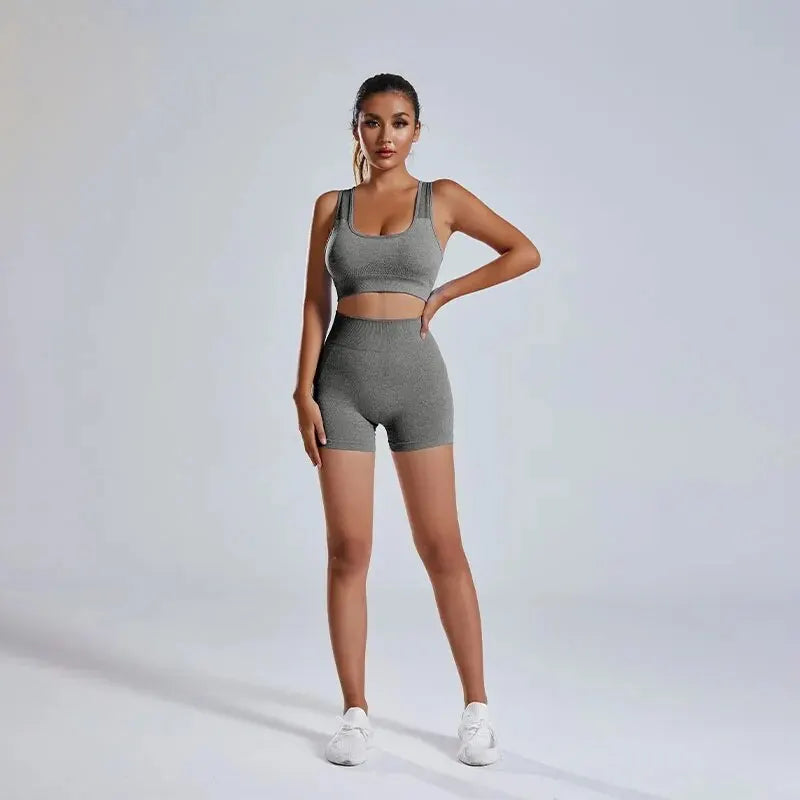 Women's Fitness Suit 2-piece Set of Hollow Back Sports Bra High Waist Shorts Yoga Suit