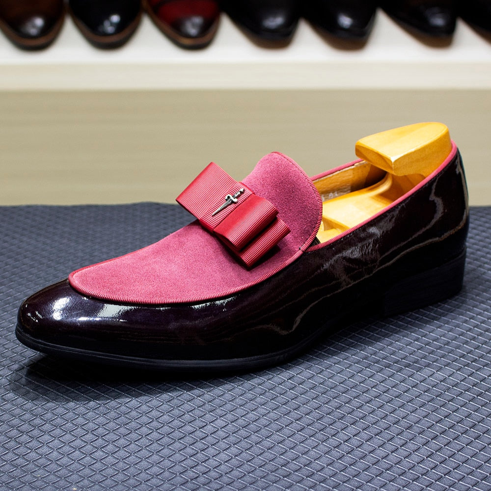 Handmade Mens Loafer Shoes Genuine Patent Leather Suede Patchwork with Bow Tie Wedding Footwear Banquet Dress Shoes for Men